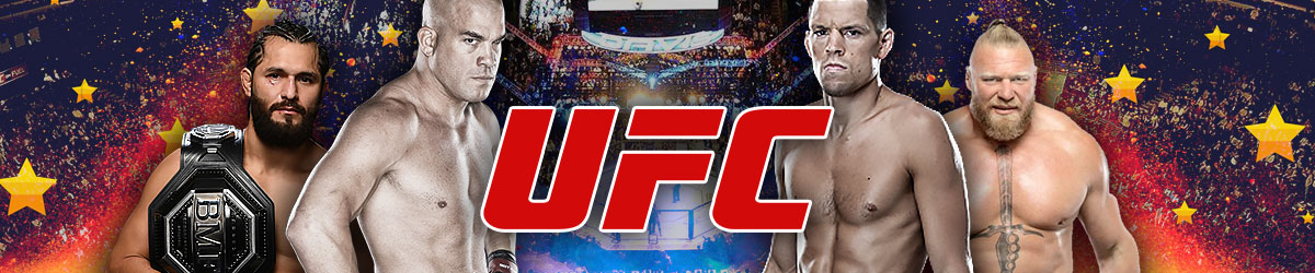 UFC logo, Tito Ortiz and Jorge Masvidal left, Nate Diaz and Brock Lesnar right