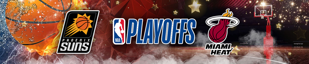 NBA Playoffs logo, Phoenix Suns logo, Miami Heat logo, basketball background