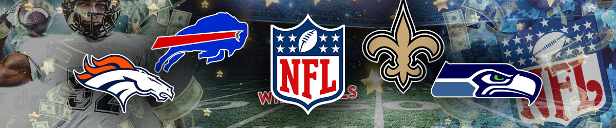 NFL logo, football background, Buffalo Bills, Denver Broncos logos left, New Orleans Saints and Seattle Seahawks logos right
