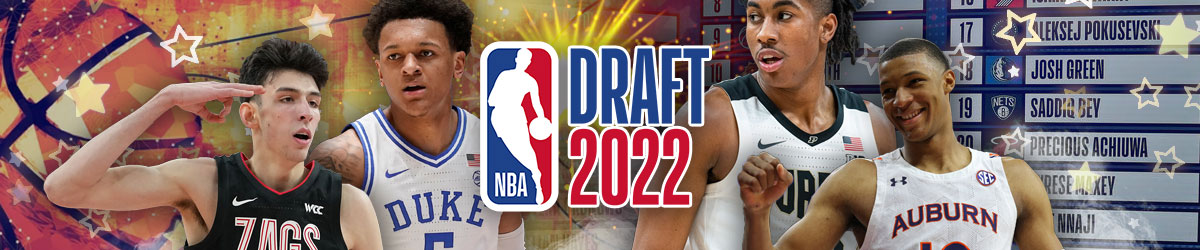 NBA logo, Draft 2022 stamped, college basketball players