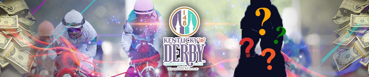 Kentucky Derby logo, jockey with question marks, horse racing betting background