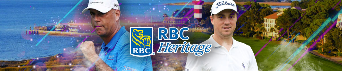RBC Heritage logo, Harbour Town Golf Links course background, Stewart Cink and Justin Thomas