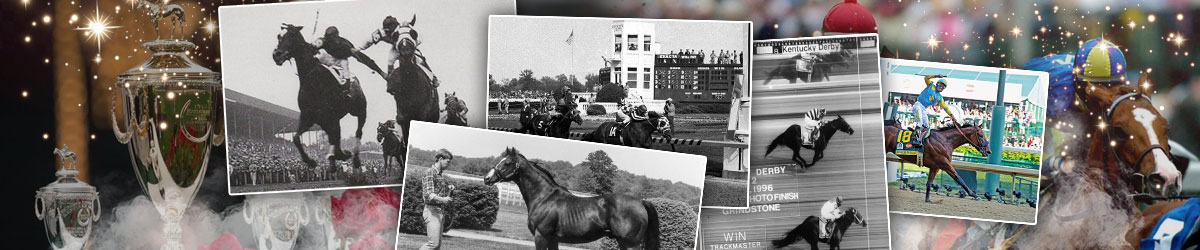 Kentucky Derby trophy, collages of horses through the years at the Kentucky Derby