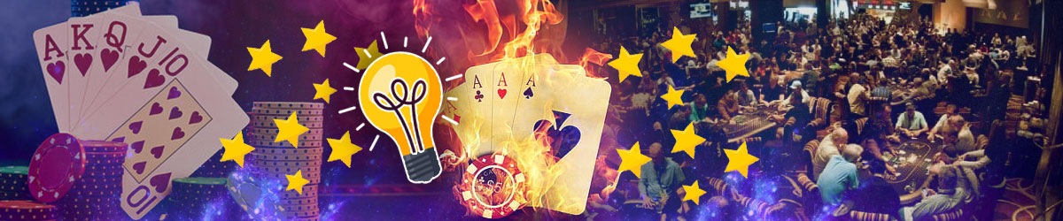 Light bulb, deck of cards on fire, people playing in a casino