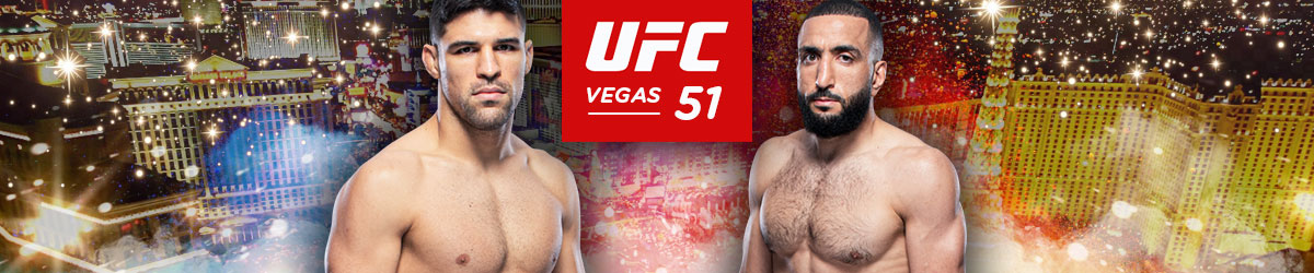 UFC Vegas 51 logo, icente Luque and Belal Muhammad with Las Vegas in the background