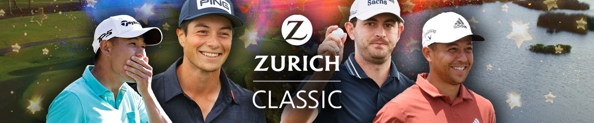 Zurich Classic logo, TPC Louisiana course in background, PGA golfers