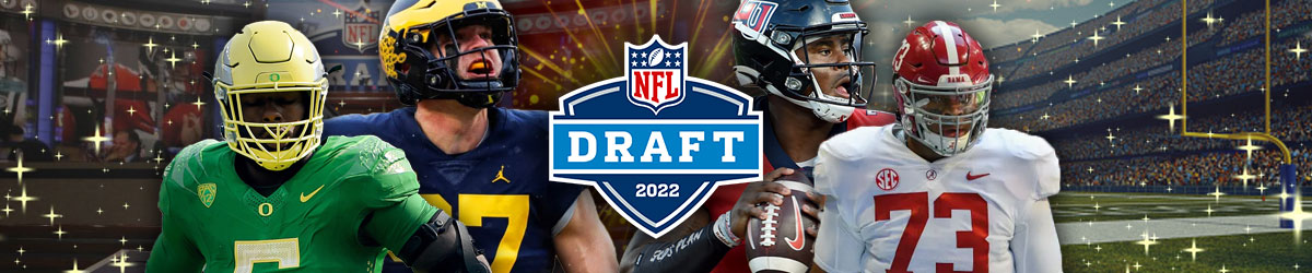 2022 NFL Draft logo, Aidan Hutchinson (Michigan), Kayvon Thibodeaux (Oregon) left, Malik Willis (Liberty) and Evan Neal (Alabama) right
