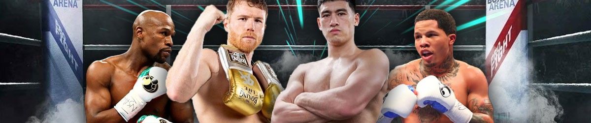 Floyd Mayweather and Canelo Alvarez to left, Dmitry Bivol and Gervonta Davis to right