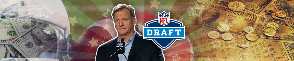 Roger Goodell next to NFL Draft logo