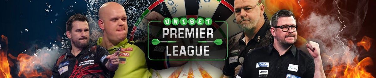 Unibet Premier League logo centered, Jonny Clayton and Michael van Gerwen to left, Peter Wright and James Wade to right