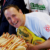 Joey Chestnut with hot dogs