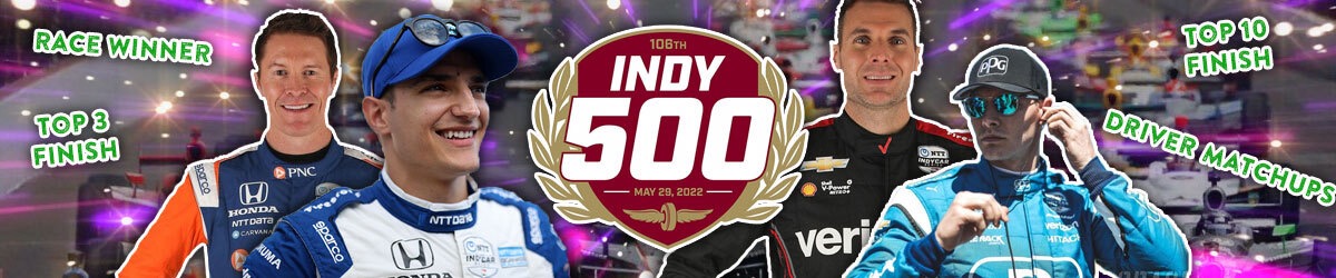 Indy 500 logo, drivers Alex Palou, Scott Dixon, Will Power, and Josef Newgarden