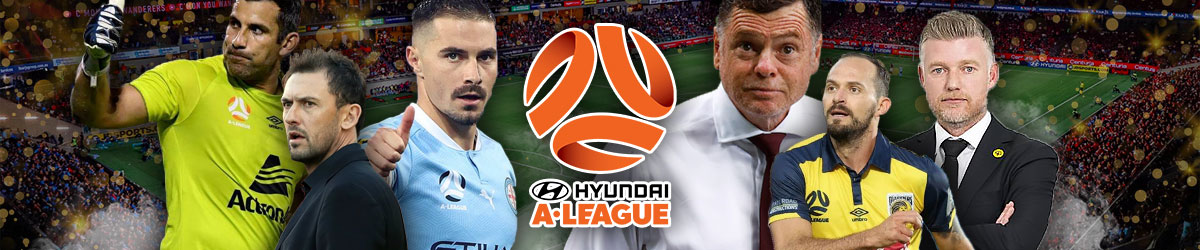 A-League logo, Players Jamie Maclaren, Jamie Young, Marcos Urena; Mangers Tony Popovic, Carl Veart, and Ufuk Talay