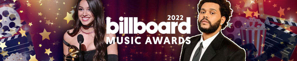 2022 Billboard Music Awards logo, Olivia Rodrigo, The Weeknd, generic awards ceremony background
