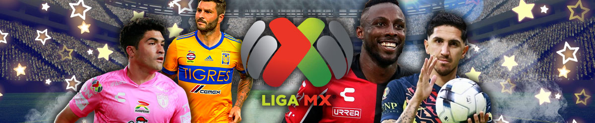 Liga MX logo, Andre-Pierre Gignac (Tigres UANL), Nicola Ibanez (Pachuca), Julian Quinones (Atlas), and Diego Valdes