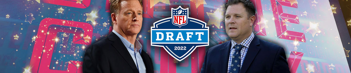 2022 NFL draft logo, roger goodell to left, brian gutekunst to right