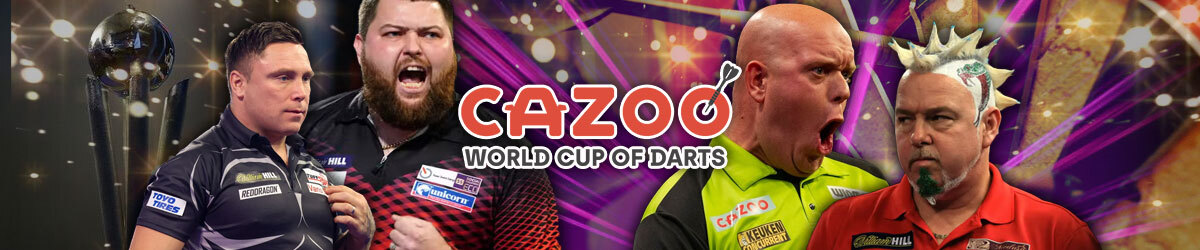 Cazoo World Cup of Darts logo, (L-R): Gerwyn Price, Michael Smith, Michael van Gerwen, and Peter Wright
