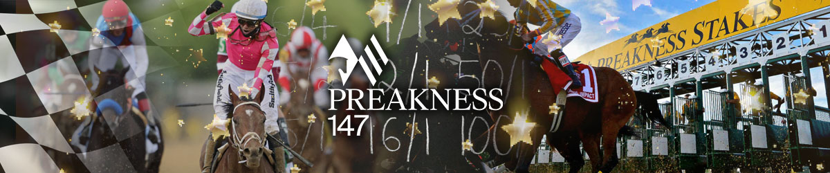 Preakness States logo, Preakness Stakes gates, checkered flag