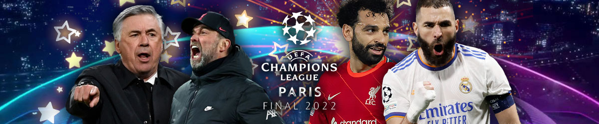 UEFA Champions League Final Paris 2022 logo, Jurgen Klopp, Carlot Ancelotti, Mohamed Salah, and Karim Benzema