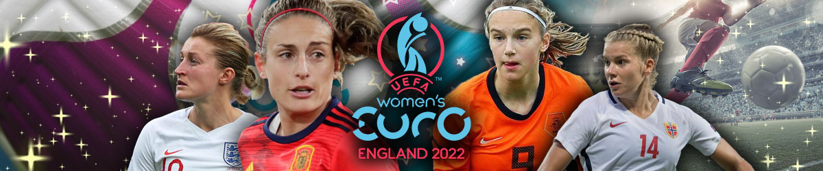 UEFA Women’s Euro England 2022 logo, Alexia Putella (Spain), Ellen White (England) , Vivianne Miedema (Netherlands), and Ada Hegerberg (Norway)