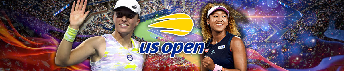 US Open logo, female tennis players with generic tennis stadium background