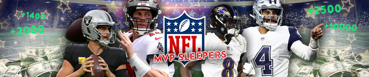 NFL logo with MVP sleepers stamped, Tom Brady (Buccaneers) and Derek Carr (Raiders) left; Lamar Jackson (Ravens) and Dak Prescott (Cowboys) right