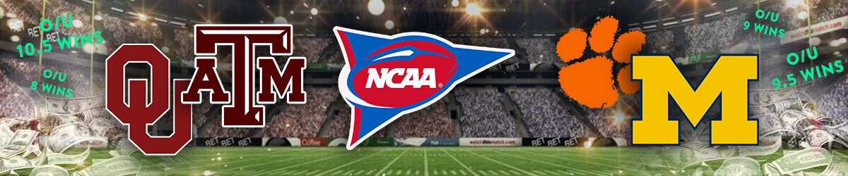 NCCA flag logo, college team logos of Oklahoma, Texas A&M, Clemson, and Michigan