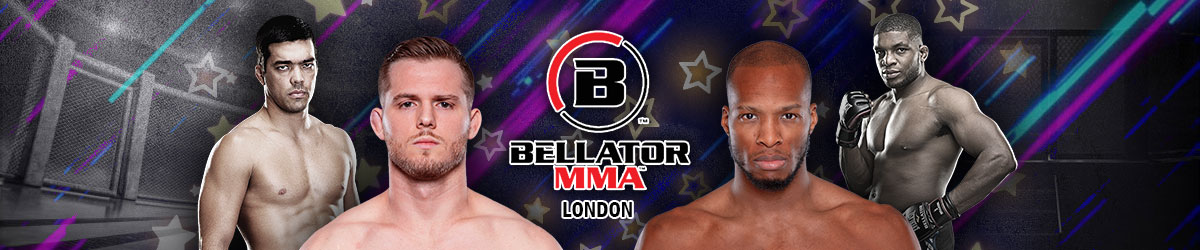Logan Storley and Michael Page in center with Lyoto Machida and Paul Daley behind them. Bellator MMA London logo in center