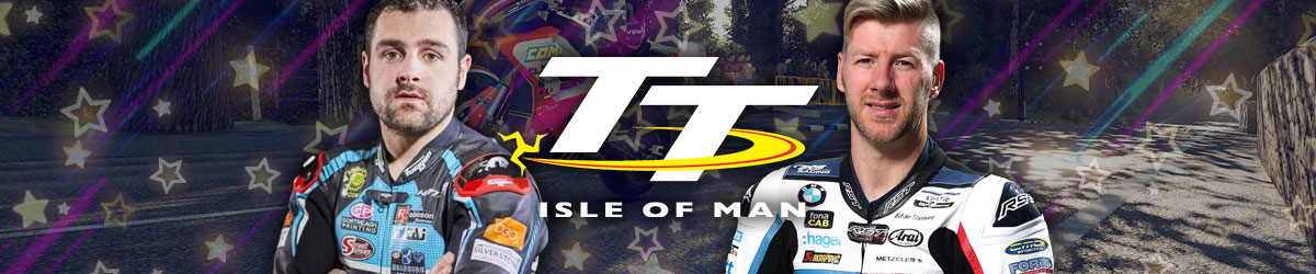 le of Man TT logo in center with Michael Dunlop and Iain Hutchison to left and right