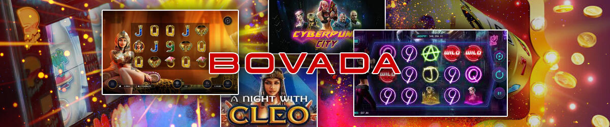 Bovada logo centered, different images of popular slots at Bovada like CyberPunk City