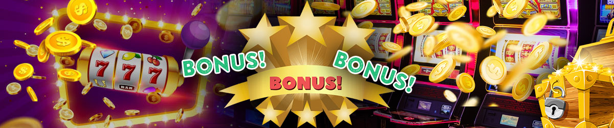 text bonus in red and green, slots in background, gold coins falling