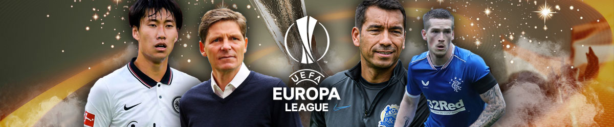 UEFA Europa League logo, Oliver Glasner, Daichi Kamada, Giovanni van Bronckhorst, and Ryan Kent