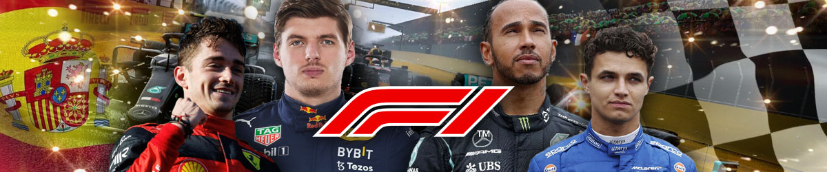 F1 logo, Max Verstappen, Charles Leclerc, Lewis Hamilton, Lando Norris, Spain flag and checkered flag in the background