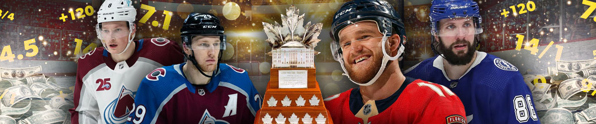Conn Smythe Trophy in the center, Nathan MacKinnon (Avalanche) and Cale Makar (Avalanche) on the left; Jonathan Huberdeau (Panthers) and Nikita Kucherov (Lightning) right