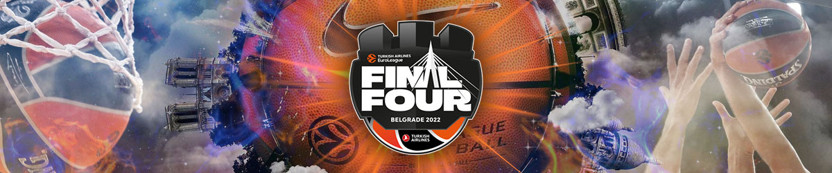 EuroLeague Final Four logo, basketball background with hoops and hands shooting ball