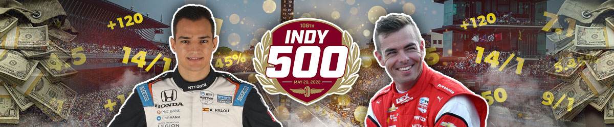 Indy 500 logo, Indianapolis Motor Speedway in the background with money and odds, Alex Palou left and Scott McLaughlin right