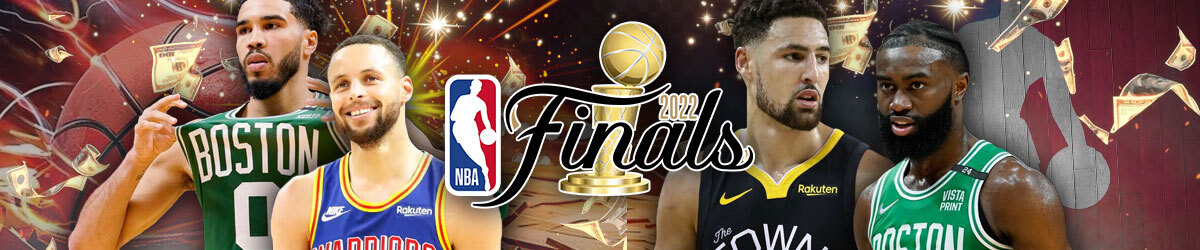 NBA logo, trophy with Finals stamped, Jayson Tatum, Stephen Curry, Klay Thompson, and Jaylen Brown
