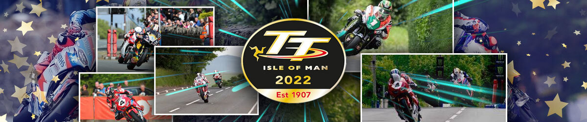 Isle of Man TT logo, collages of drivers racing their motorcycles