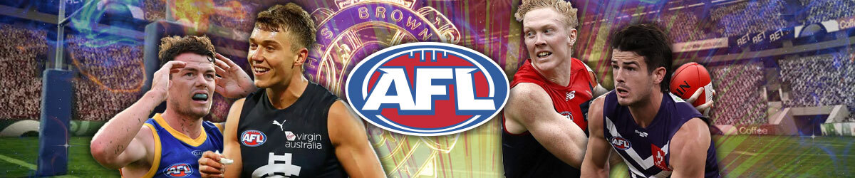 AFL logo, Players Patrick Cripps, Lachie Neale, Clayton Oliver, and Andrew Brayshaw