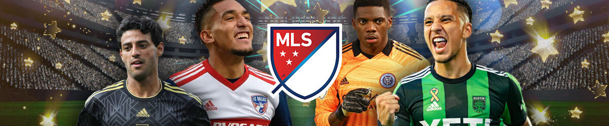 MLS badge, MLS players, soccer stadium background