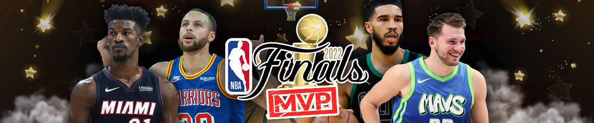 NBa Finals logo with MVP stamped, NBA players Steph Curry, Jimmy Butler, Jayson Tatum, and Luka Doncic
