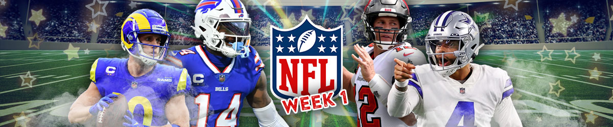 NFL logo, Week 1 stamp, Stefon Diggs (Bills) and Cooper Kupp (Rams) left; Tom Brady (Buccaneers) and Dak Prescott (Cowboys) right
