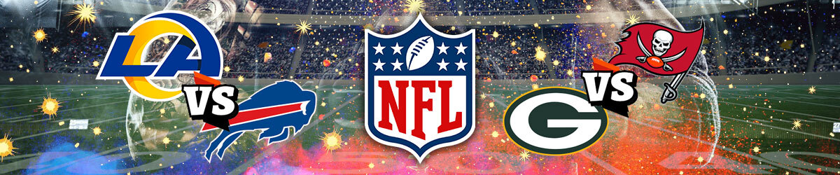 NFL logo centered, Los Angeles Rams logo "vs." Buffalo Bills logo to the left; Green Bay Packers logo "vs." Tampa Bay Buccaneers to the right