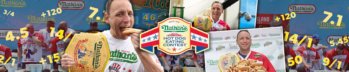 Nathan's Hot Dpg Eating Content logo, yellow odds, Joey Chestnut on both sides