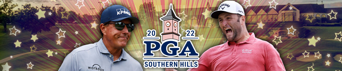 2022 PGA Southern Hills logo, Southern Hills CC course background, Phil Mickelson left, Jon Rahm right