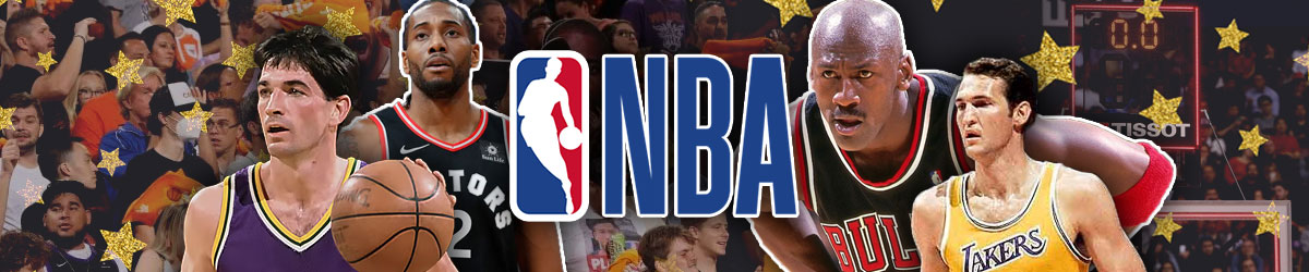 NBA logo, NBA players with generic basketball court with fans in stands