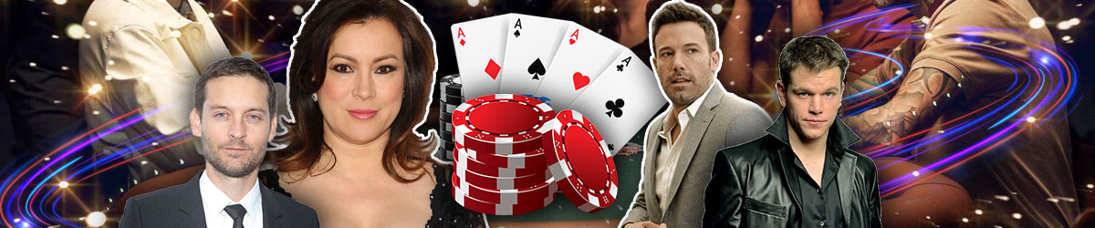 Poker card and chips in the middle, Jennifer Tilley and Tobey Maguire on the left; Matt Damon and Ben Affleck on the right