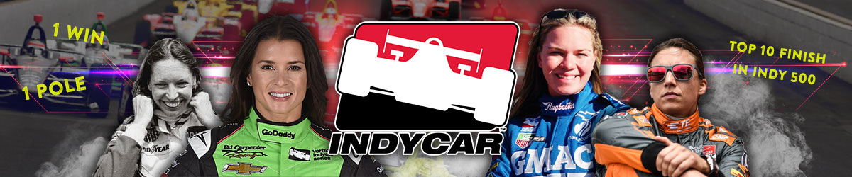 IndyCar logo, IndyCar background, Danica Patrick and Janet Guthrie on the left and Sarah Fisher and Simona De Silvestro on the right