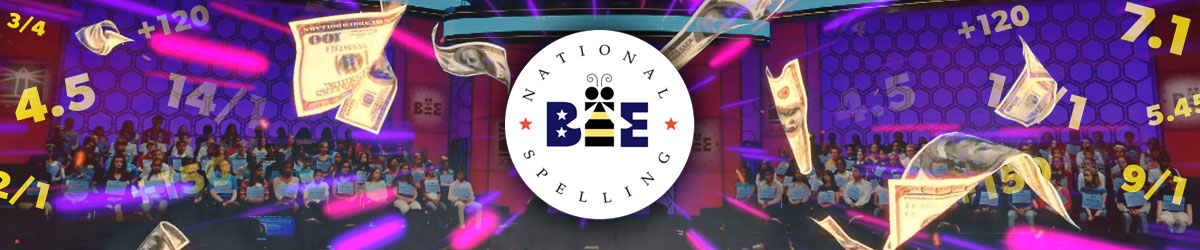 2022 Scripps Spelling Bee logo, Scripps Spelling Bee background (stage, podium, etc.) with odds and money