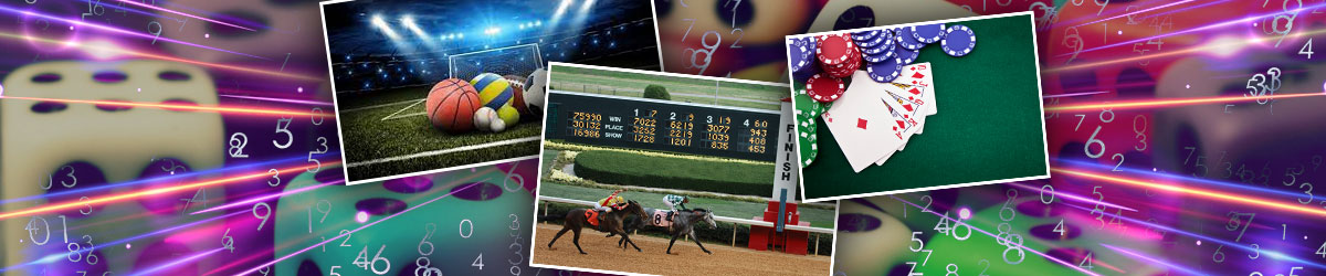 collages of sports, horse racing, poker with gambling background